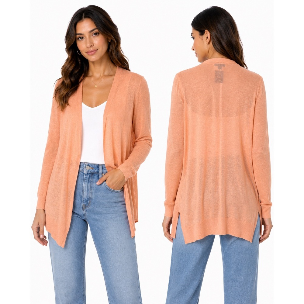 Halogen Cardigan Sweater Womens M Peach Linen Blend Open Front Longline Knit